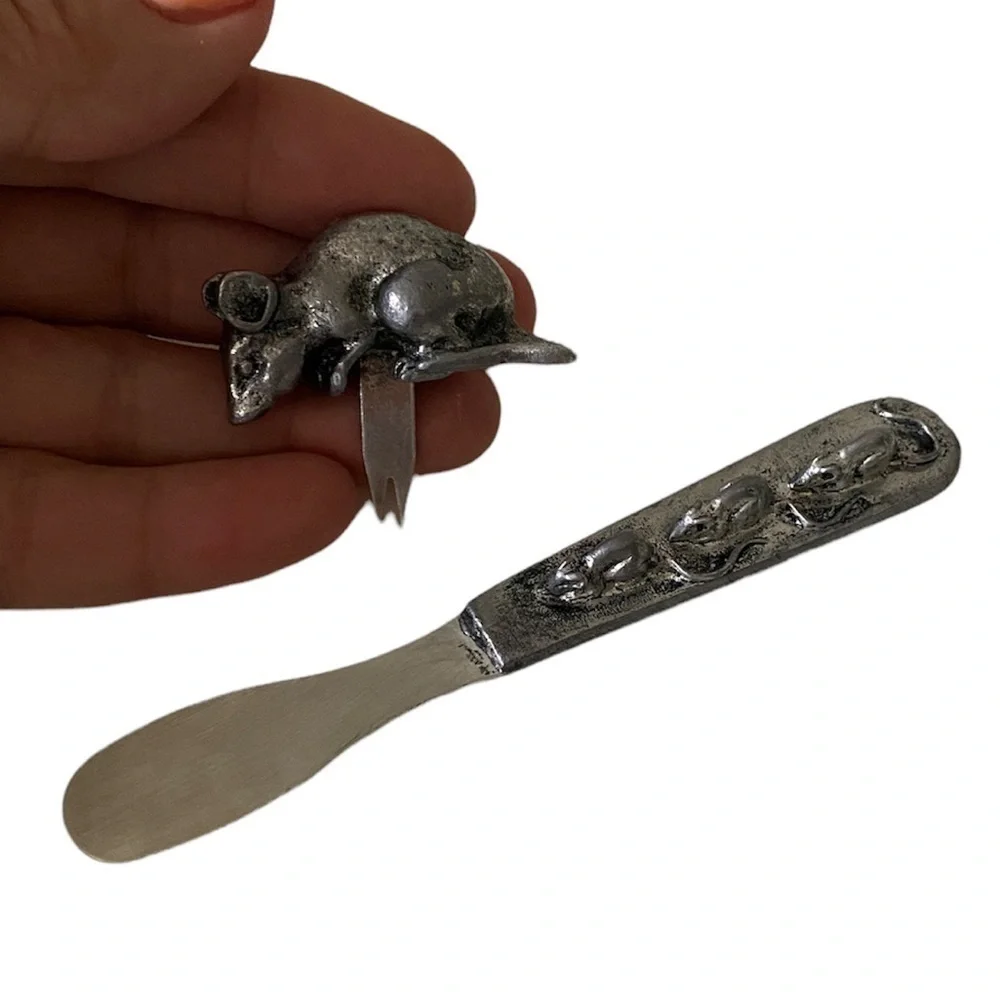 Vintage METZKE Pewter 3 Blind Mice Cheese Knife and Mouse cheese pick 1977